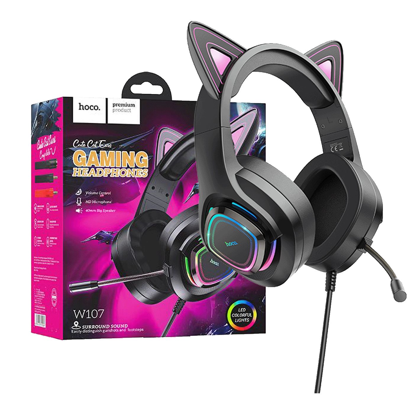 HOCO W107 Cute Cat crno-roze gaming slušalice sa LED osvetljenjem i mikrofonom