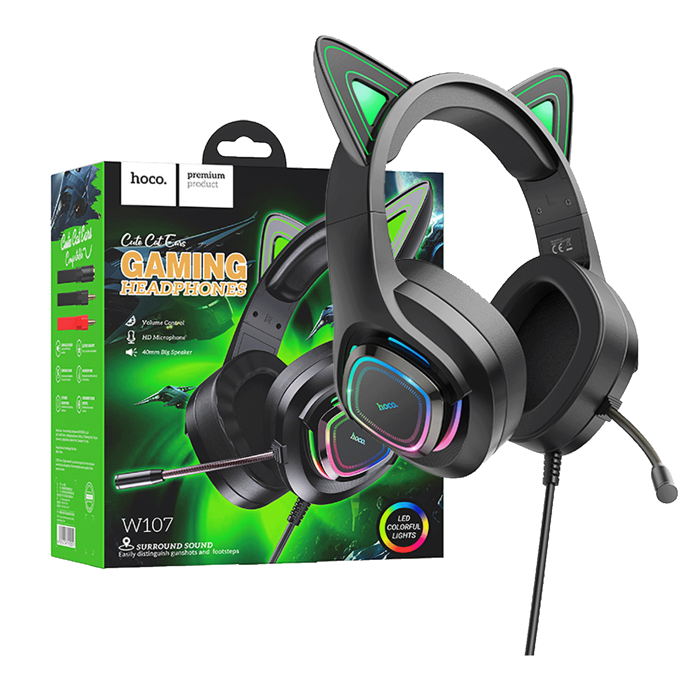 HOCO Gaming slušalice Cute Cat W107 u crno-zelenoj boji sa LED osvetljenjem