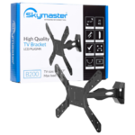 Crni zidni nosač za TV Skymaster B200, prikazan sa TV-om i oznakama VESA 200x200
