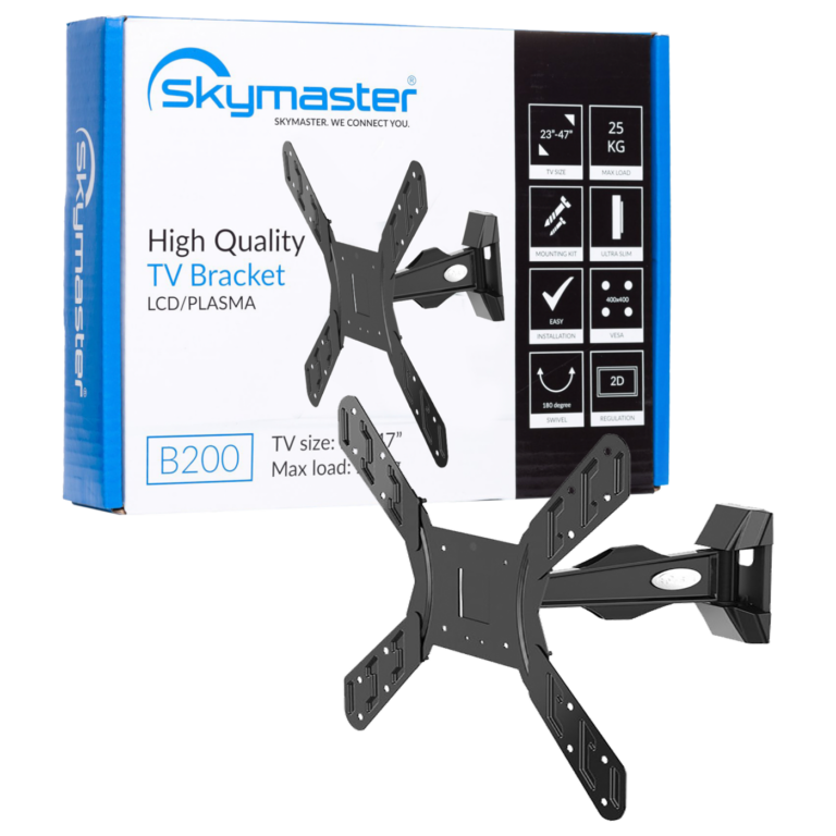 Crni zidni nosač za TV Skymaster B200, prikazan sa TV-om i oznakama VESA 200x200
