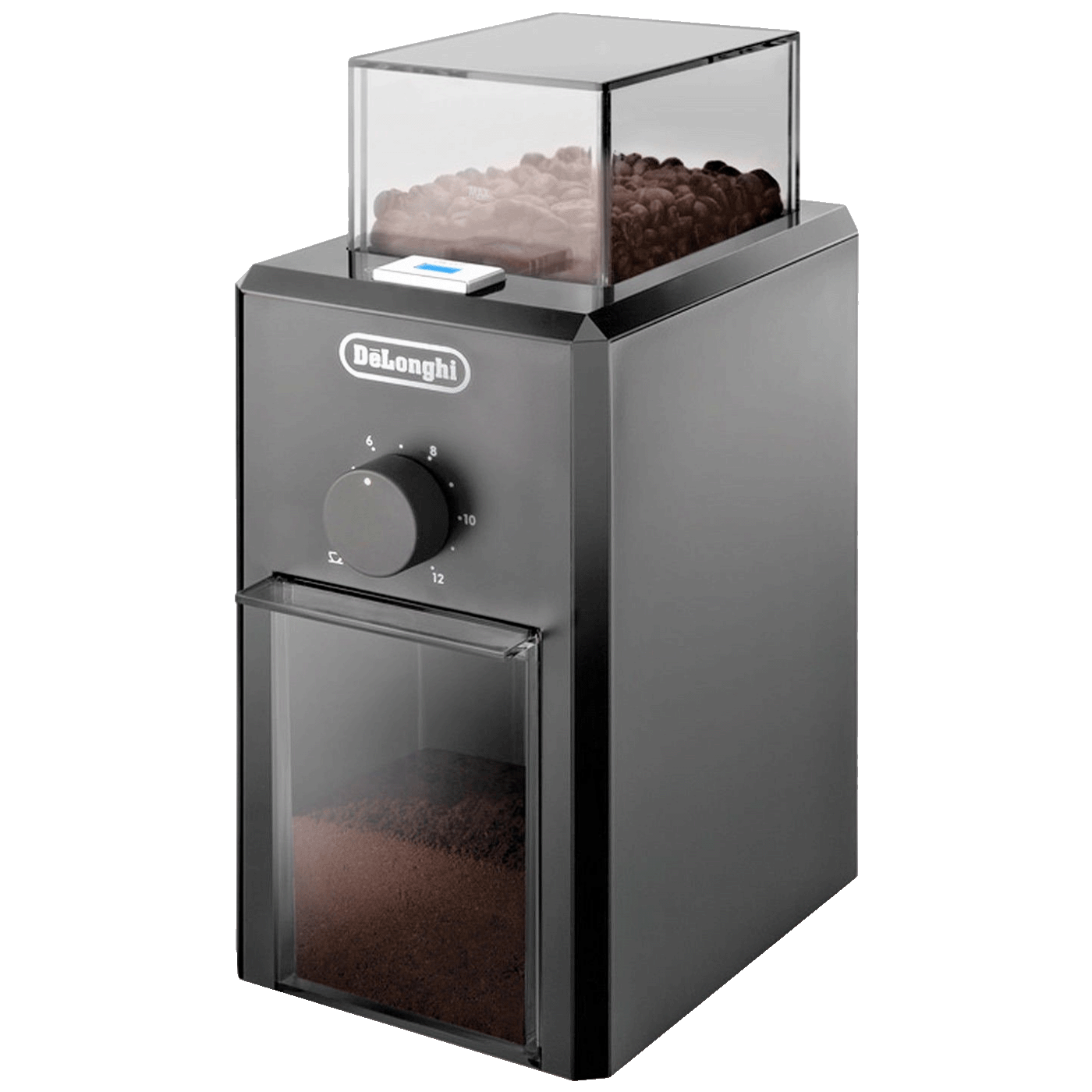 DeLonghi mlin za kafu KG79 sa crnim dizajnom i digitalnim kontrolama