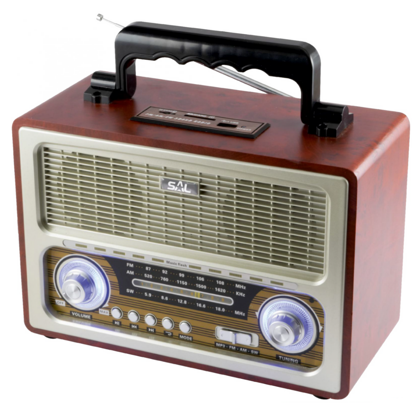 SAL Retro radio sa Bluetooth vežom u drvenoj kutiji sa ručkom za nošenje