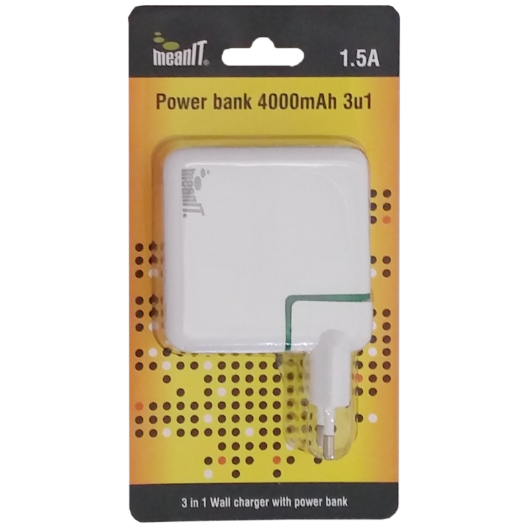 MeanIT prenosni punjač 4000mAh sa LED svetiljkom i integrisanim kućnim punjačem