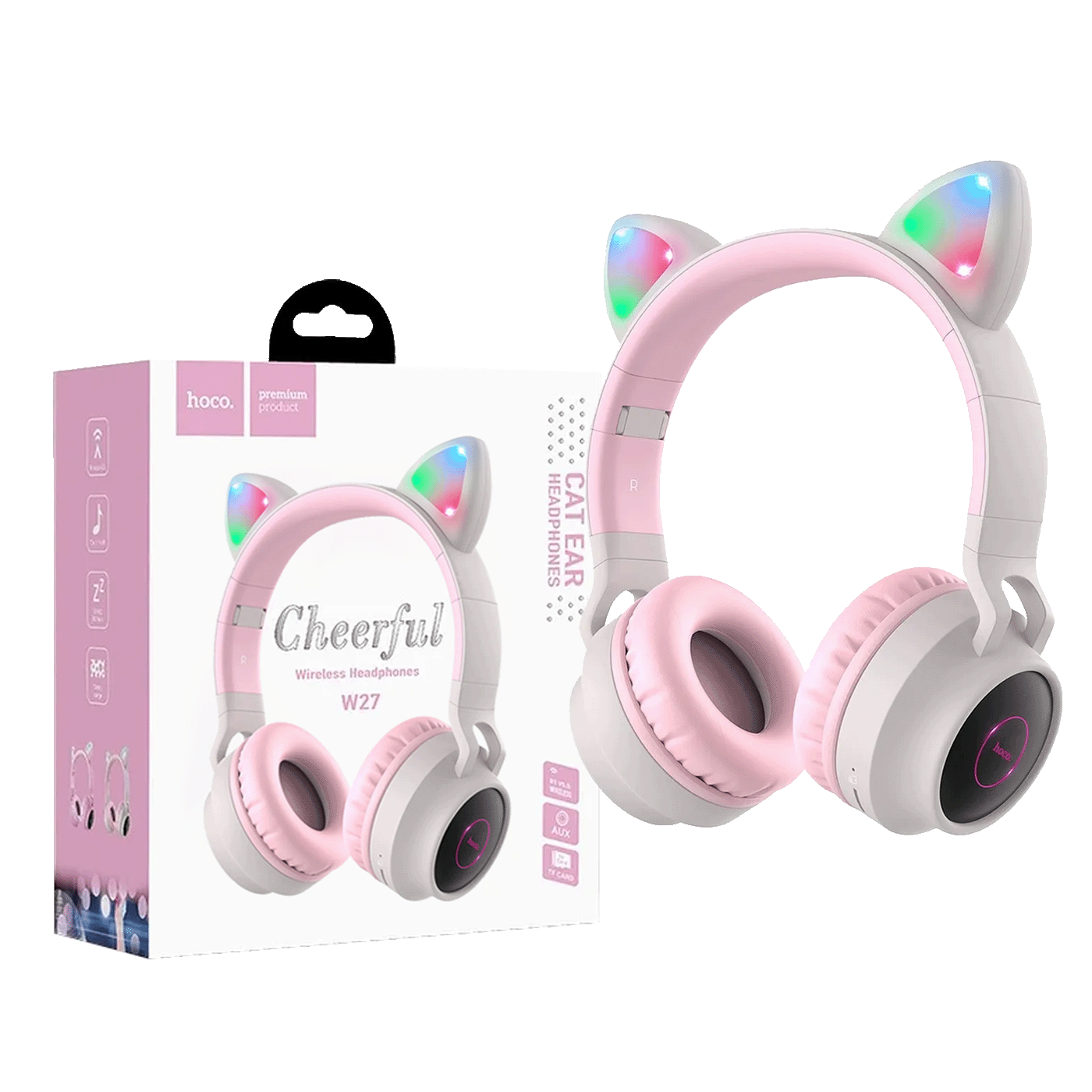 hoco. W27 Cat Ear Gray bežične Bluetooth slušalice sa svjetlećim mačjim ušima