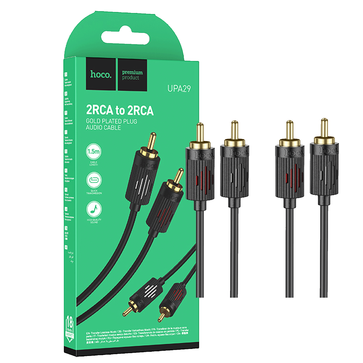 HOCO UPA29 audio kabel sa crvenim i bijelim RCA konektorima, dužine 1.5 metara