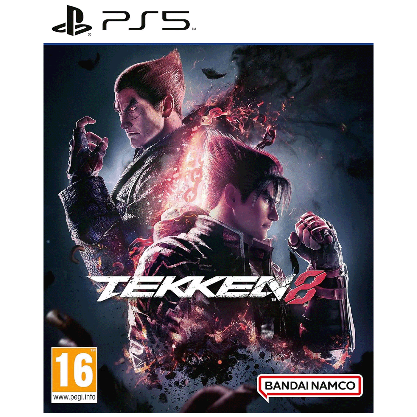 Naslovnica igre Tekken 8 za PlayStation 5 sa likovima Jina Kazame i Kazuye Mishime u borbi
