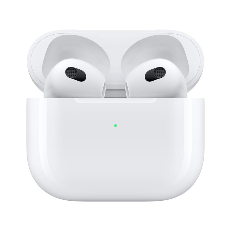 Apple AirPods 3 sa MagSafe kućištem u beloj boji, prikazani sa otvorenim kutijom.