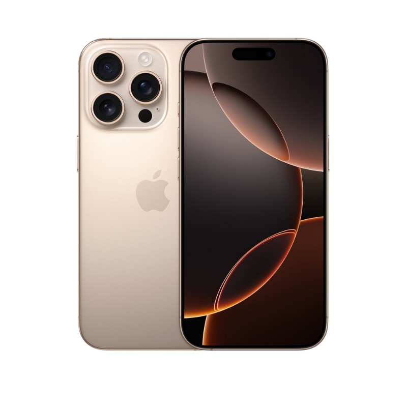 Apple iPhone 16 Pro 128GB Desert Titanium telefon sa prikazanim ekranom i kamerama