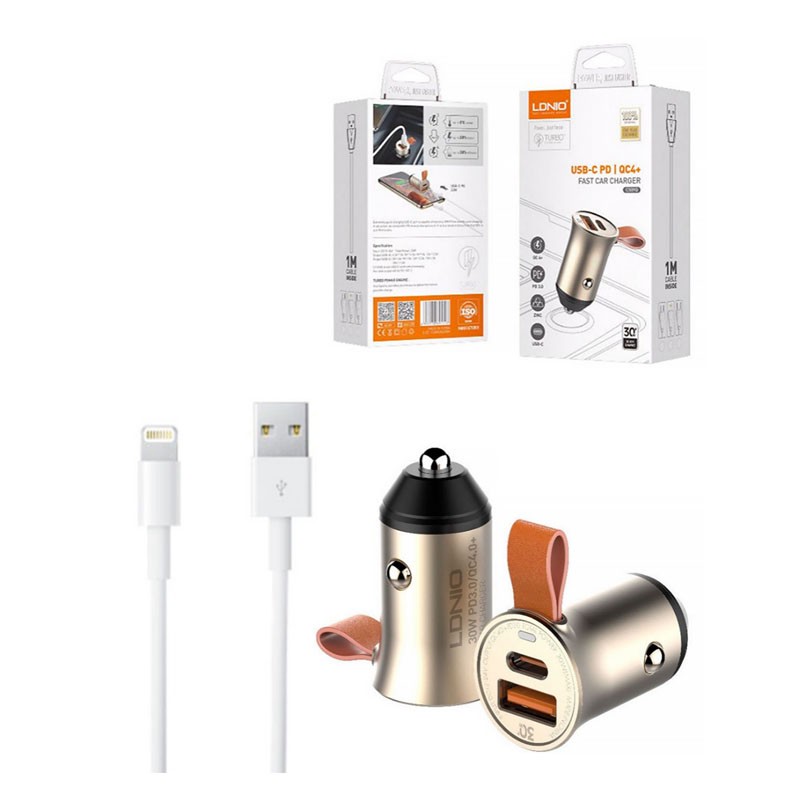 Auto punjač LDNIO C509Q 30W PD QC4+ sa USB i iPhone kablom