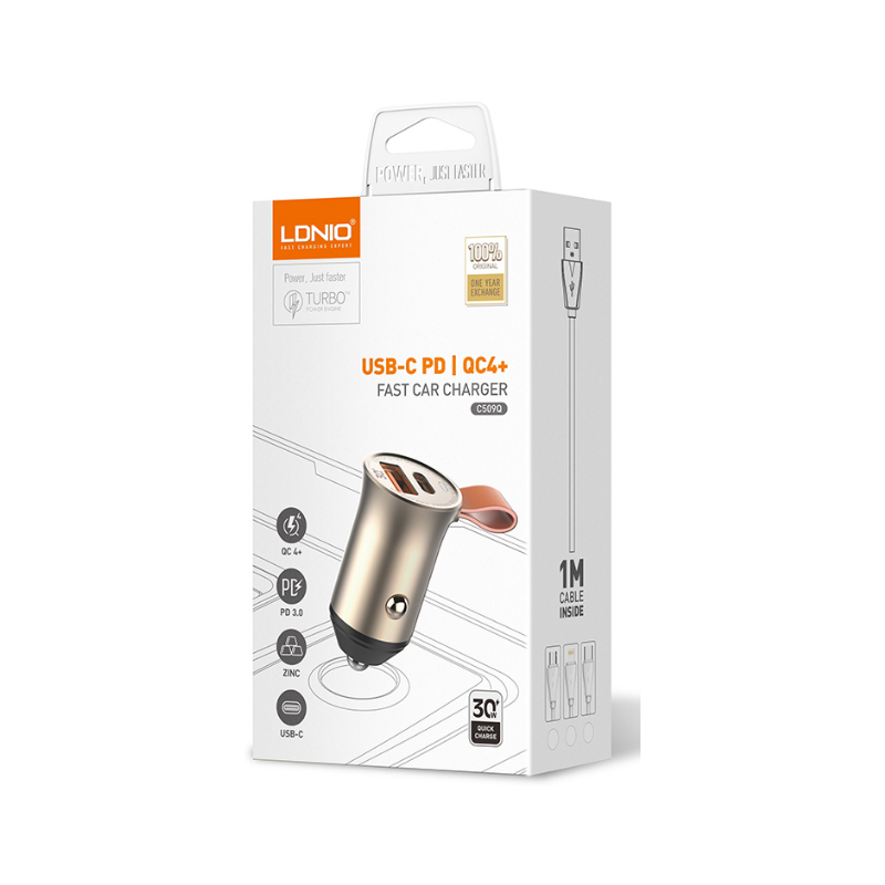 Auto punjač LDNIO C509Q 30W PD QC4+ sa USB i Type-C kablom