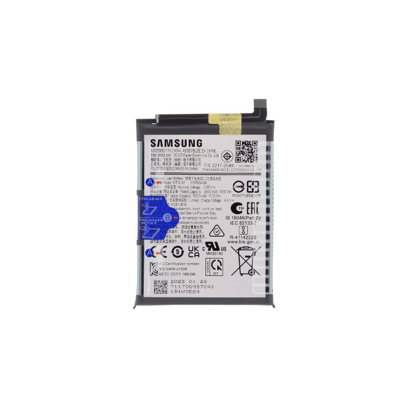 Originalna baterija za Samsung A14, prikazana sa svim priključcima i oznakama proizvođača.