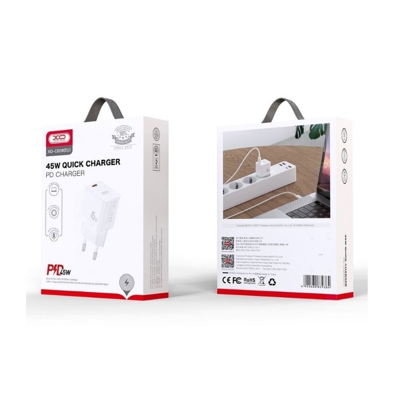 XO CE09 PD 45W USB-C punjač sa Type C kablom na beloj podlozi