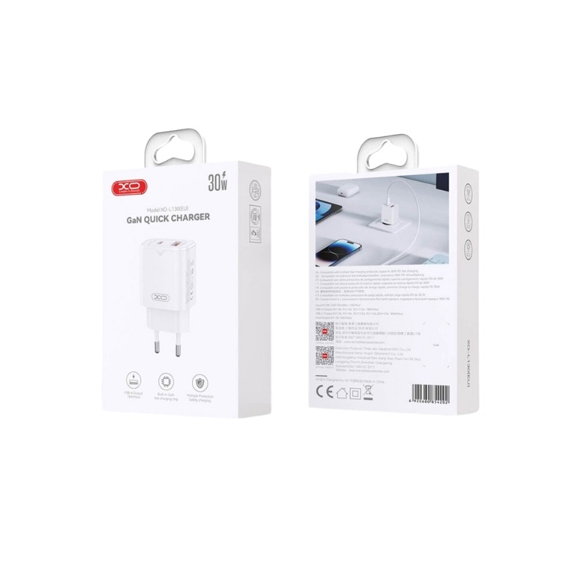 Kućni punjač XO L130 beli sa USB-A i USB-C ulazima i iPhone kablom
