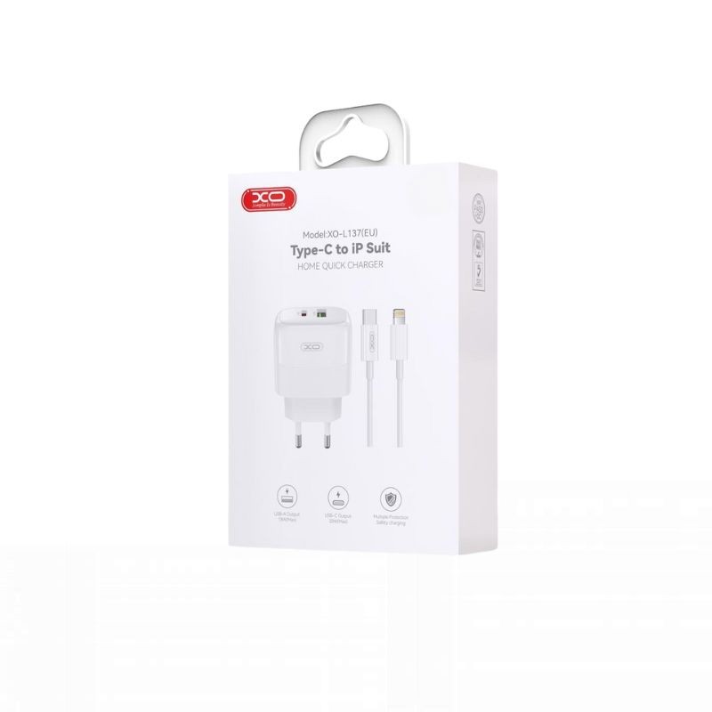 XO L137 brzi kucni punjac sa USB-A i USB-C priključkom u beloj boji