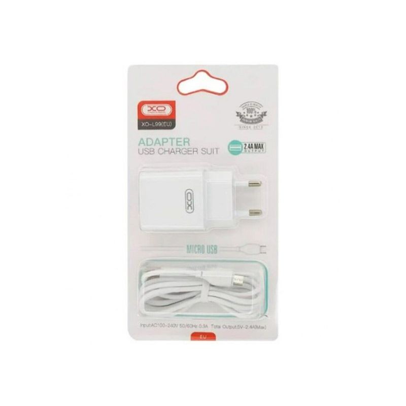 Kućni punjač XO L99 beli sa USB-A ulazom i micro kablom