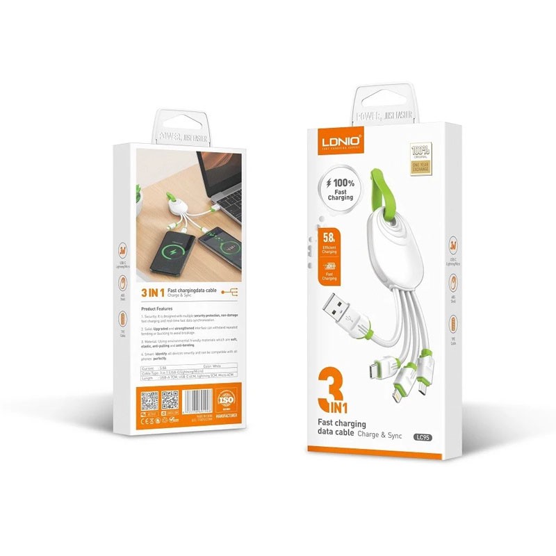LDNIO LC95 USB kabal 3 u 1, crne boje, dužine 15cm
