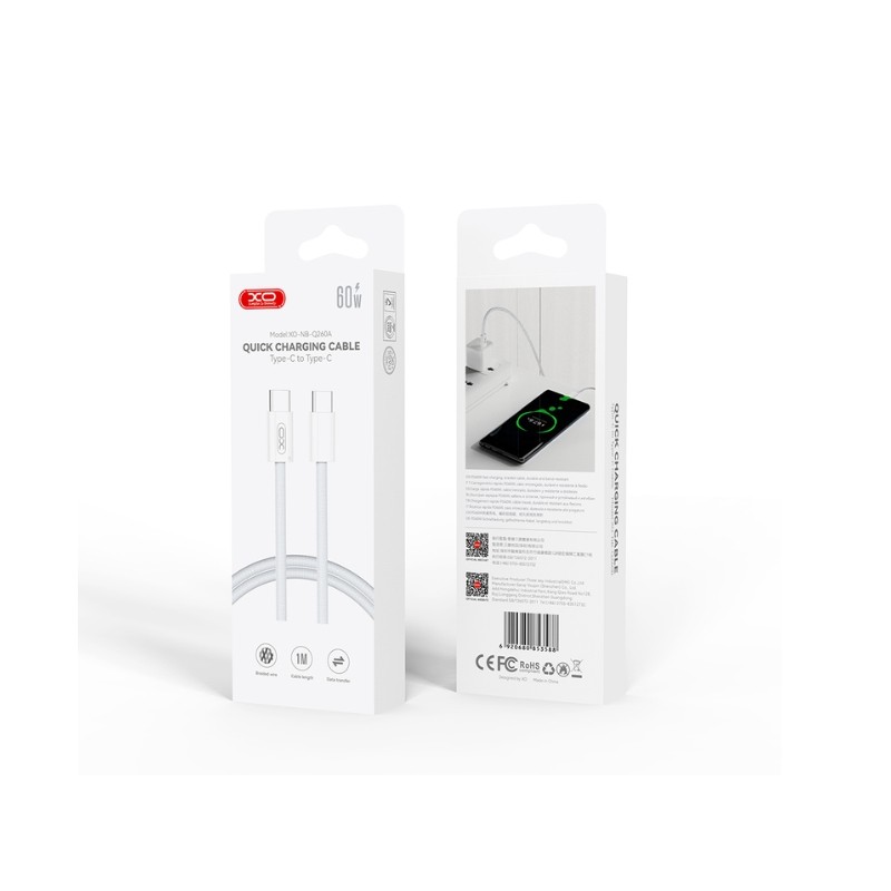 XO NB-Q260A USB-C to USB-C pleteni beli kabal sa 60W snagom