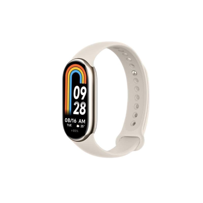 Xiaomi Mi Band 8 Gold pametna narukvica sa zlatnim detaljima na beloj pozadini