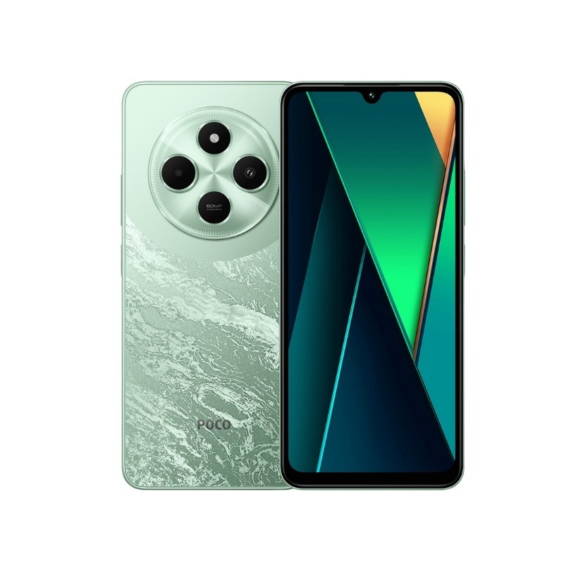 Xiaomi Poco C75 6GB/128GB telefon u zelenoj boji sa prikazanim ekranom i kamerama