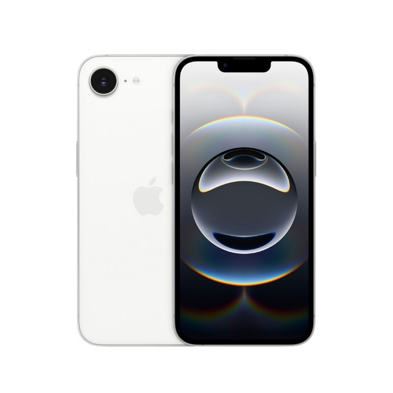 Apple iPhone 16e 128GB White sa prikazanim ekranom i kamerom