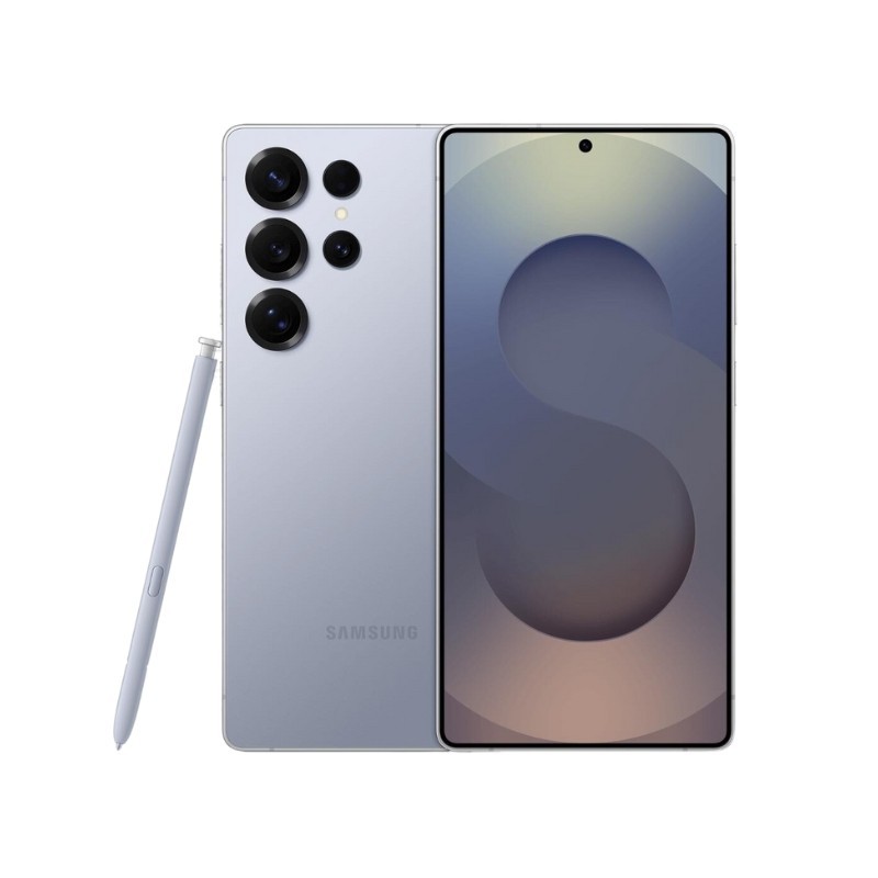 Samsung Galaxy S25 Ultra u srebrno-plavoj boji sa prikazanim ekranom i kamerama