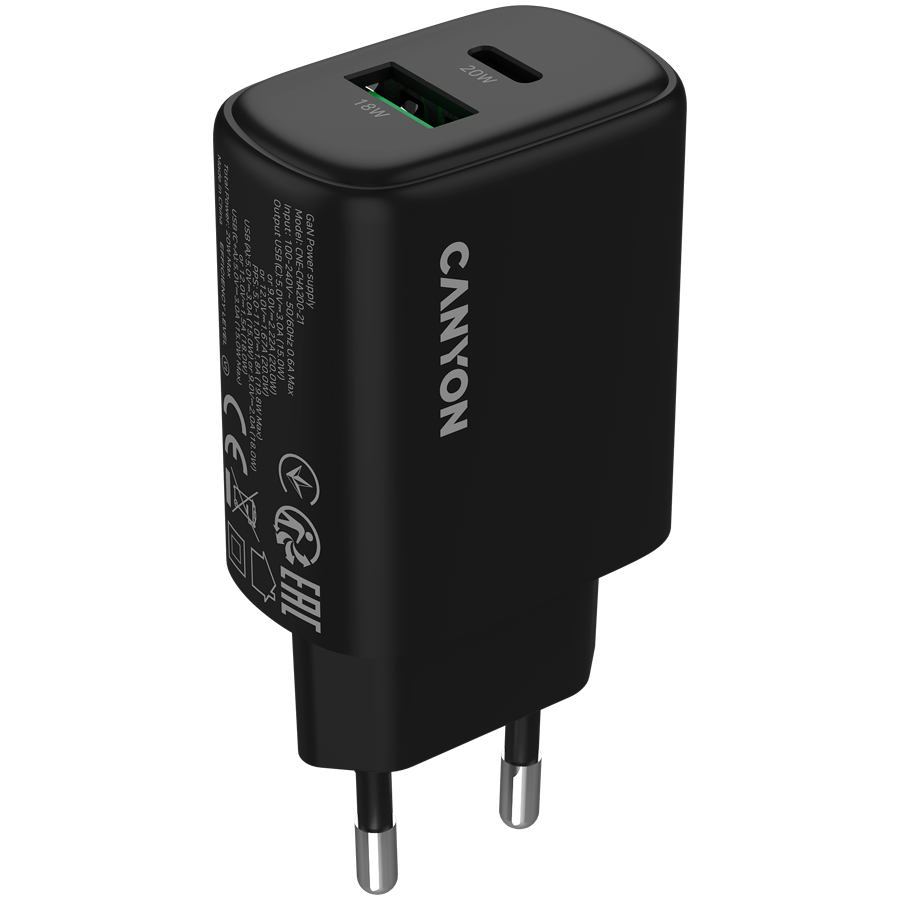 CANYON OnCharge 200 20W brzi punjač sa PD i QC ulazima, crne boje