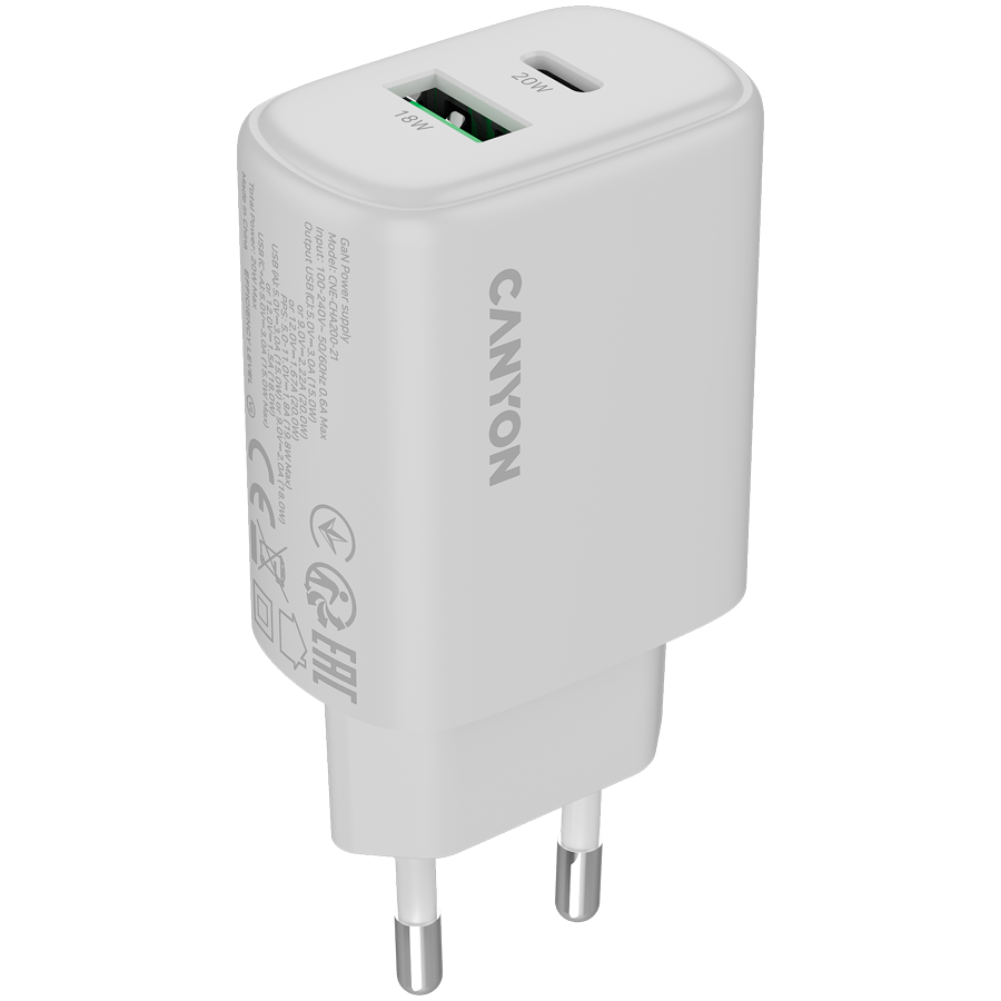 CANYON OnCharge 200 20W brzi punjač u beloj boji sa PD i QC priključkom