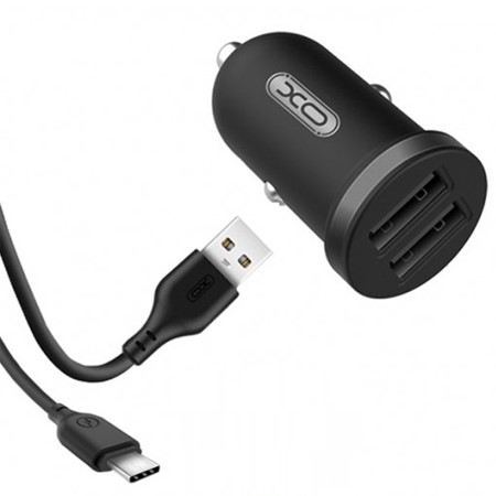 XO TZ08 crni auto punjač sa dva USB porta i Micro USB kablom