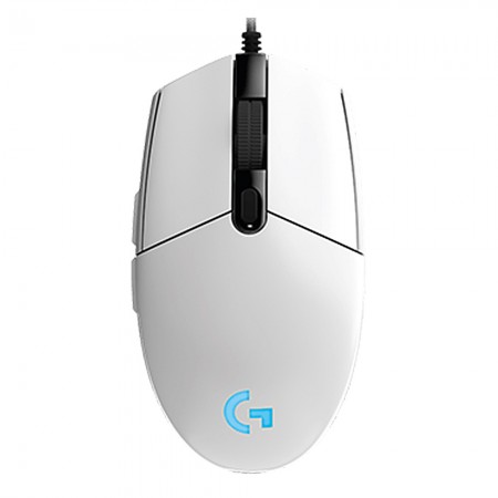 Logitech G102 beli gaming miš sa RGB osvetljenjem na beloj podlozi