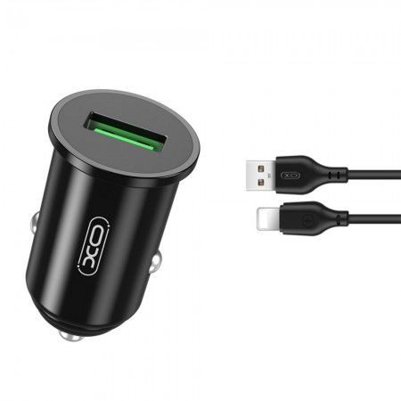 XO TZ12 crni auto punjač sa QC3.0 tehnologijom i Lightning kablom od 1 metra