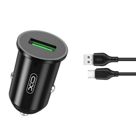 XO TZ12 QC3.0 auto punjač sa Micro USB kablom, crne boje