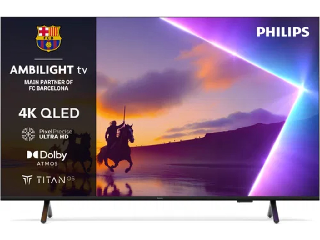 Philips 65PUS8510 4K QLED TV sa Ambilight tehnologijom i Titan OS na crnoj pozadini.