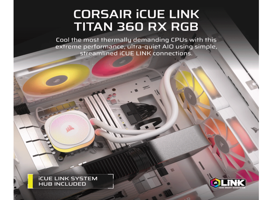Beli Corsair Titan 360 RX RGB AIO hladnjak sa tri RGB ventilatora