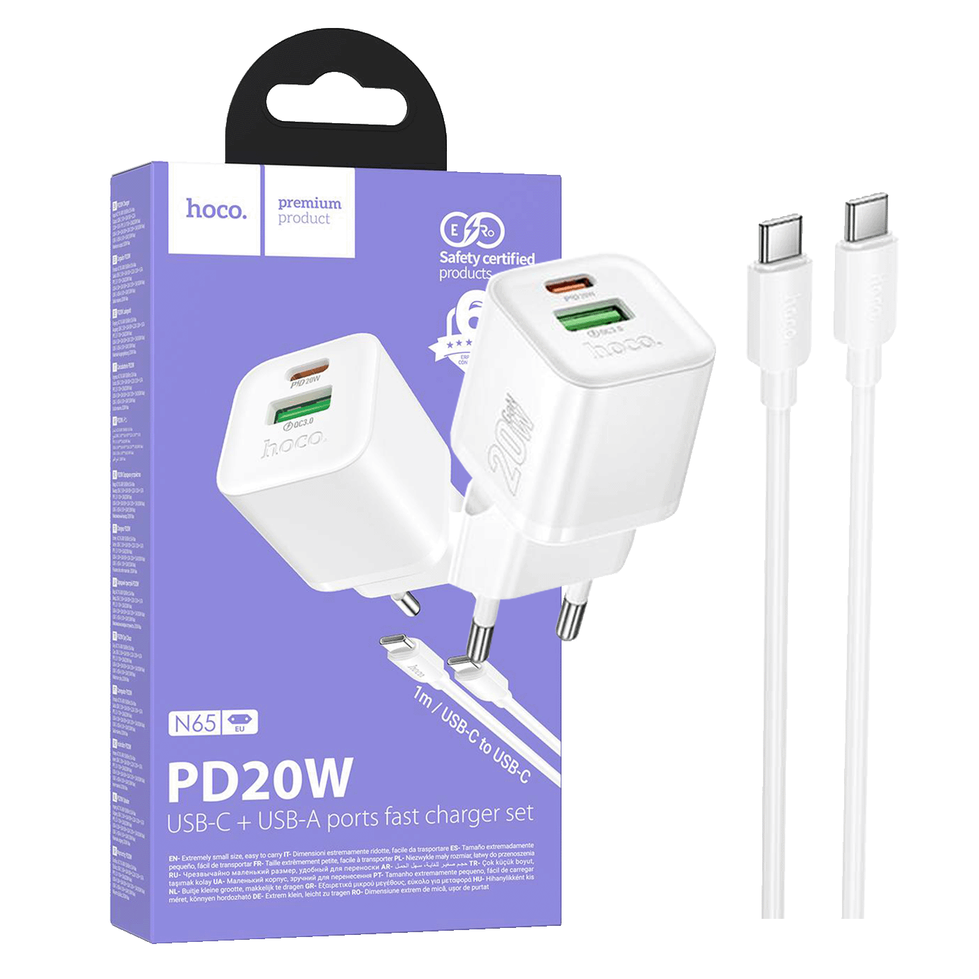 hoco. Punjač kućni sa type C kabelom, PD20W + QC3.0 - N65 Ingenious type C