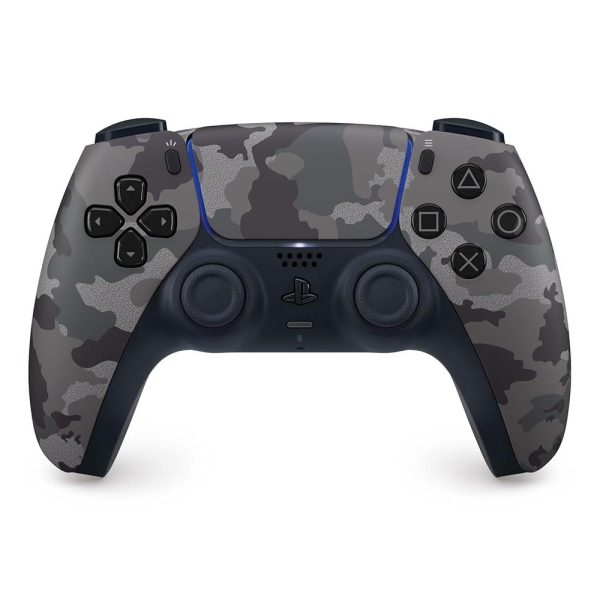 PS5 Dualsense wireless controller in grey camouflage design on white background