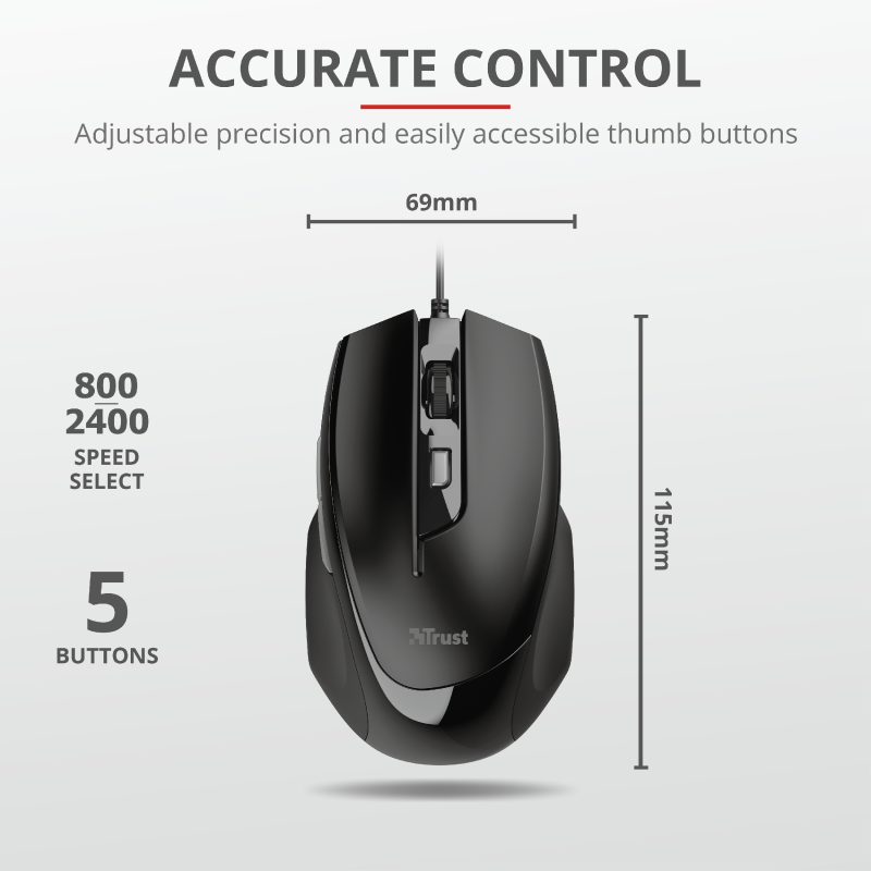 Trust Voca Comfortable crni žičani optički miš sa 6 tipki i USB 2.0 kablom