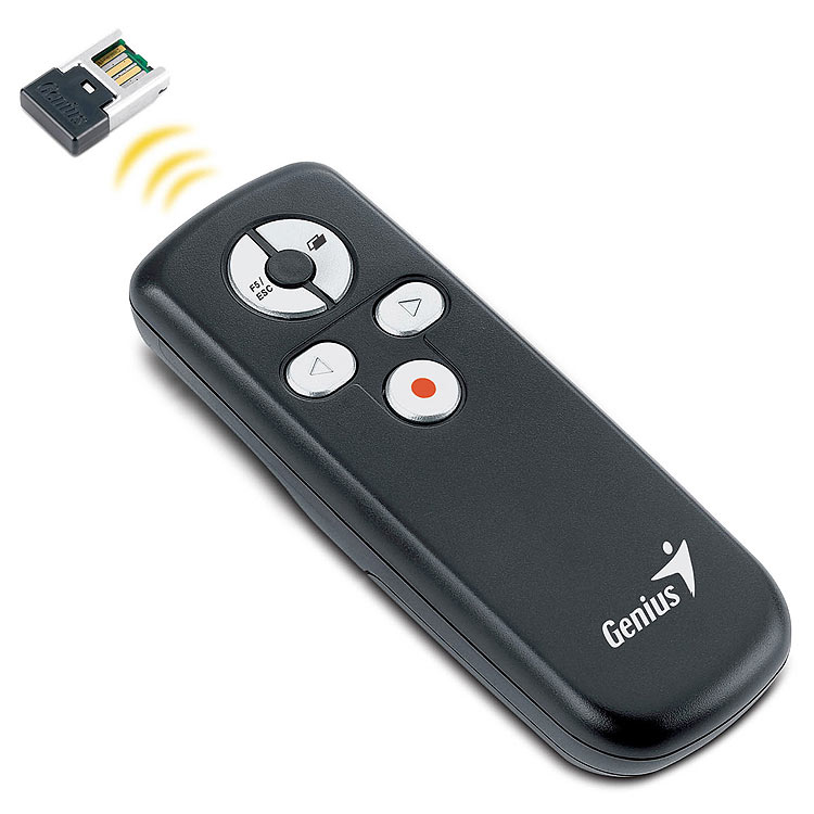 Genius Media Pointer 100 bežični laserski prezenter crne boje sa mini LCD ekranom i USB dongle prijemnikom