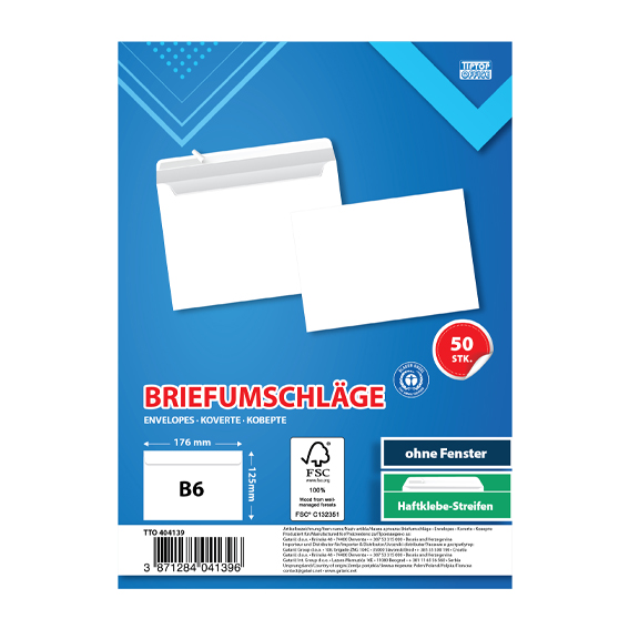 Bijela TTO koverta B6 formata 125x176 mm na stolu
