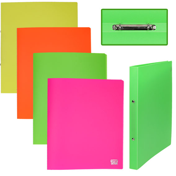 Zelena PVC fascikla s dva metalna ringa, format A4, otvorena s listovima papira