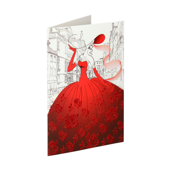 3D čestitka Casual 05 s motivom djevojke u crvenoj haljini, dimenzija 12x18.5 cm