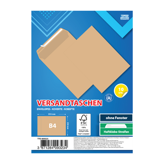 Smeđa TTO koverta B4 formata 250x353mm sa strip zatvaranjem na bijeloj pozadini