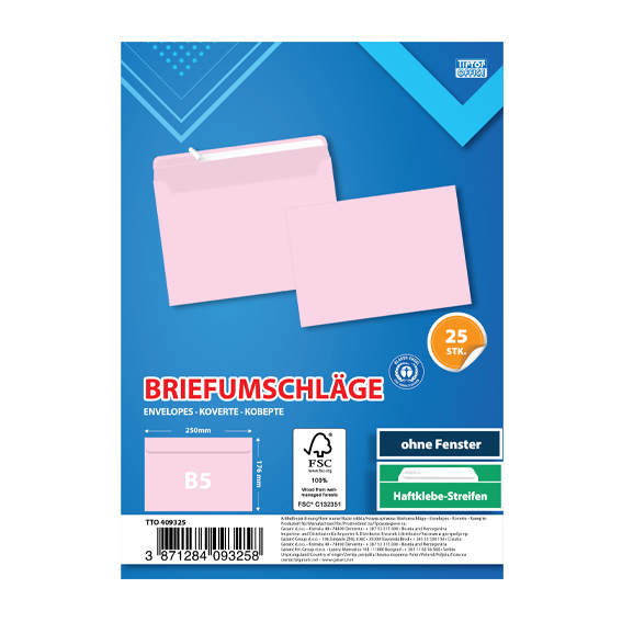 TTO koverta B5 strip 25/1 roza, format 176x250mm, na bijeloj pozadini