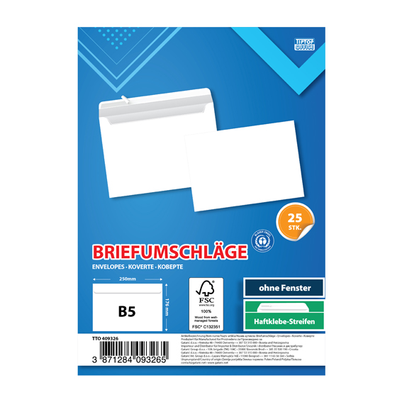 TTO bijela koverta B5 formata sa strip zatvaranjem, dimenzija 250x176mm