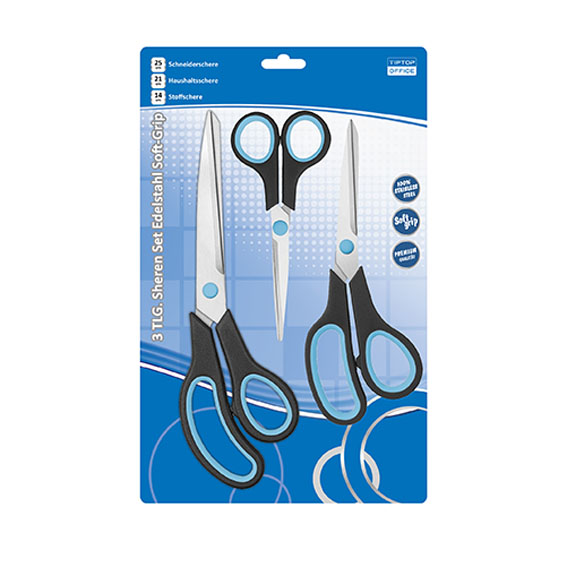 TTO makaze 3/1 SoftGrip crne i plave boje, ergonomske kancelarijske makaze od nerđajućeg čelika