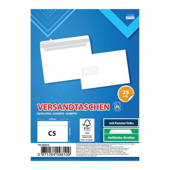 Bijela TTO koverta C5 LP 25/1 sa lijevim prozorom, dimenzija 229x162mm, na bijeloj pozadini