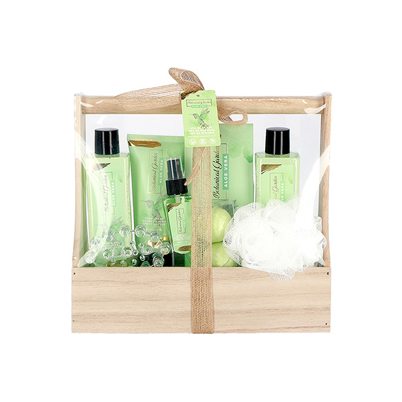 Elegantna drvena kutija SE Spa Set Garden Aloe Vera s gelom za tuširanje, šamponom, sprejom za tijelo, kremom za ruke, soli za kupanje i pjenušavim lopticama
