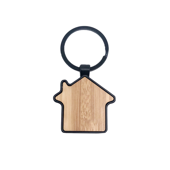 PM privjesak za ključeve Bamboo House, crni metal s prednjom stranom od bambusa, upakovan u craft vrećicu