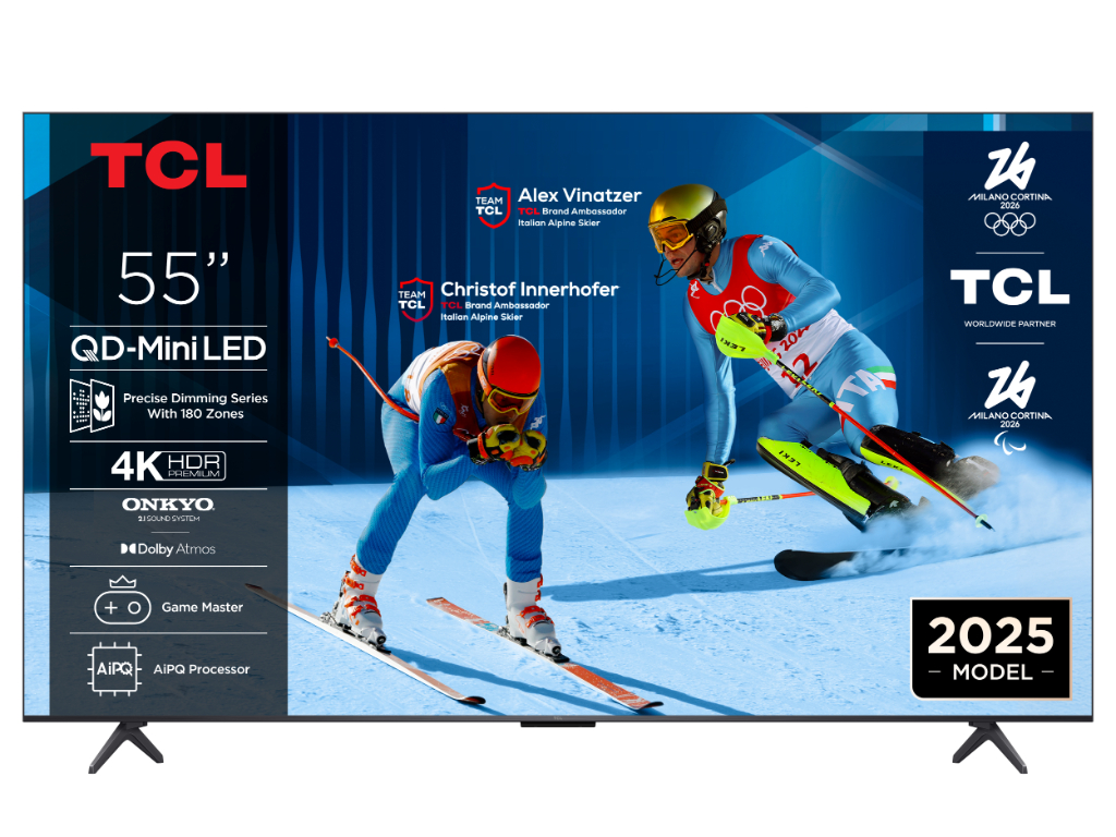 TCL 55-inch C61KS 4K QD-Mini LED TV with Google TV and Dolby Atmos, displayed on a modern stand