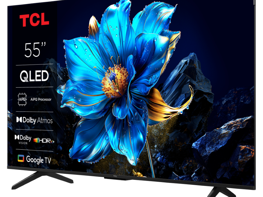 TCL 55-inch P8K 4K QLED TV with 144Hz display, Google TV interface, and Onkyo 2.1 sound system