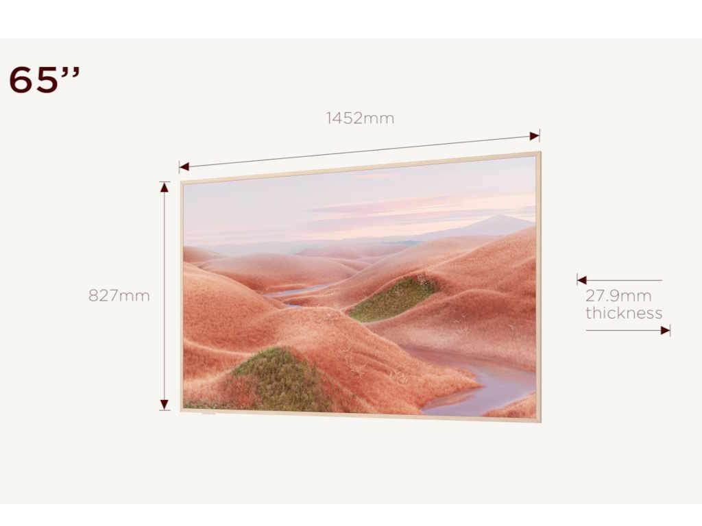 TCL 65-inch A300W NXTVISION 4K QLED ART TV with matte screen and movable floor stand in ambient mode